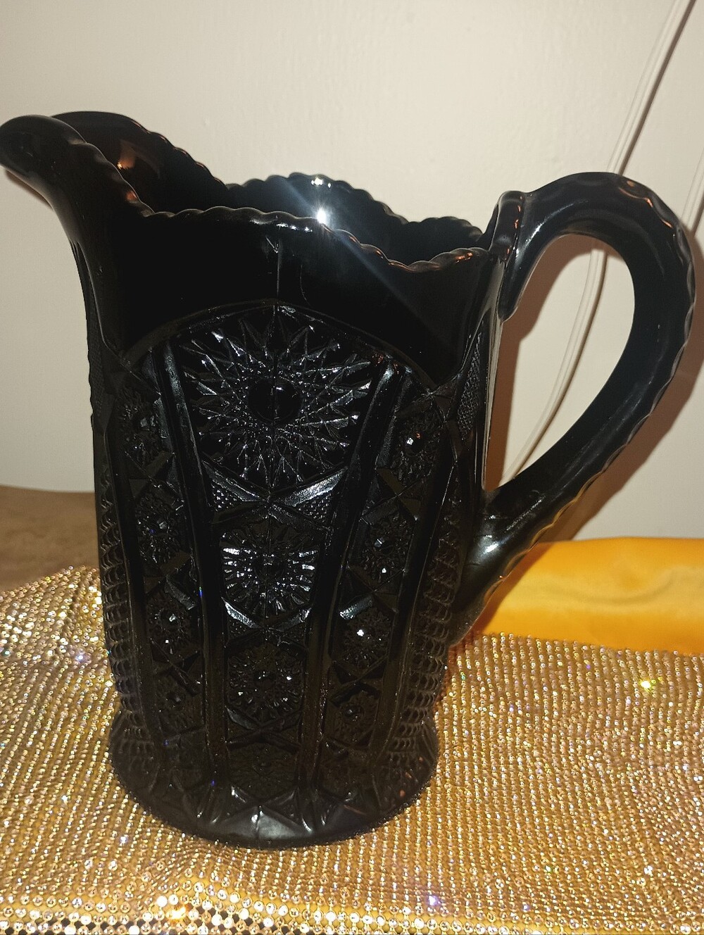 Vintage Tiara Black Glass Pitcher, Indiana Glass Monarch Paneled Daisy